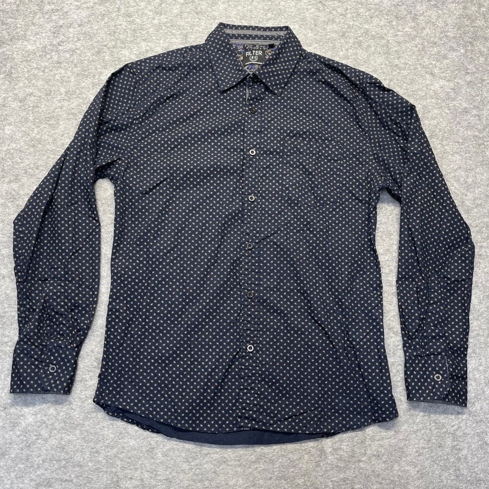 Filter Button Down Shirt Mens Large Micro Floral 100% Cotton Navy Blue Printed